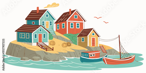 A picturesque coastal village with colorful houses and a serene beach Vector