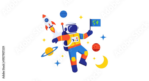 Astronaut floating in space surrounded by planets, stars, and celestial objects, viewed from a distant perspective, Whisk illustration