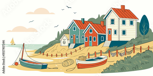 A picturesque coastal village with colorful houses and a serene beach scene Vector