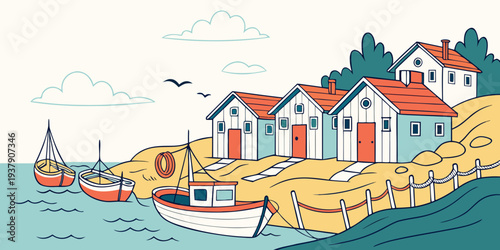 A quaint coastal village with colorful houses and a bustling harbor scene. Vector