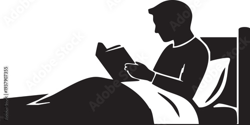 Silhouette of Person Sitting in Bed leaning on headboard and reading a physical book, digital detox or rest icon