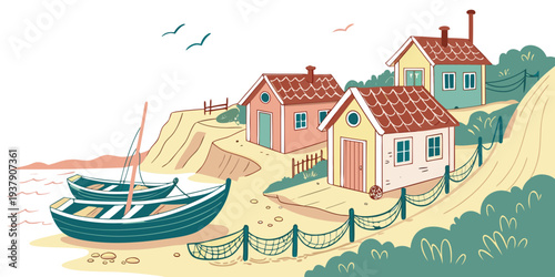 A picturesque coastal village with colorful houses and a serene beach Vector