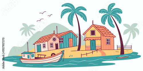 A vibrant tropical island scene with palm trees and a beach hut Vector
