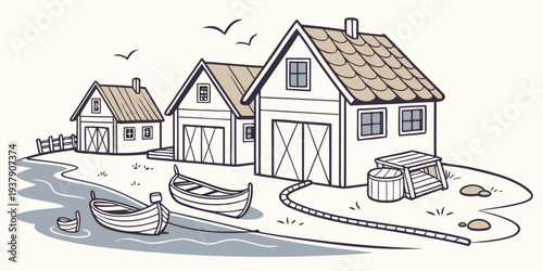 A charming illustration of a quaint village with houses by the water Vector
