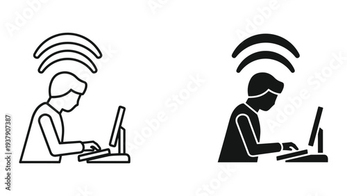 Person Working on Laptop with Wi-Fi Signal Icon - Line Art and Silhouette
