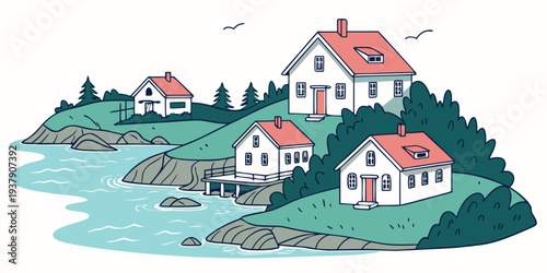 A picturesque coastal village with colorful houses nestled by the serene blue waters Vector