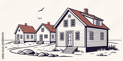 A picturesque illustration of three houses nestled in a serene suburban neighborhood. Vector