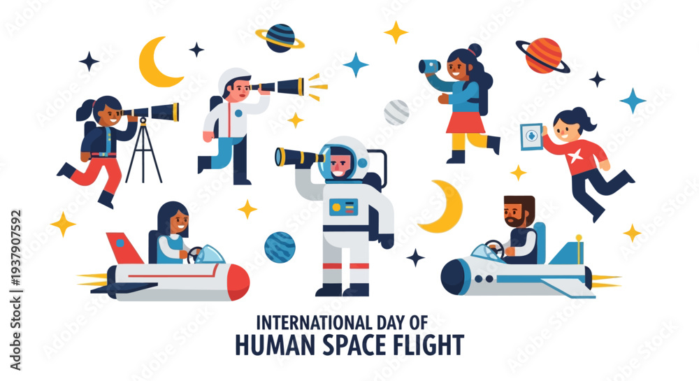Naklejka premium Celebrating International Day of Human Space Flight with Astronauts Exploring Cosmos from Spacecraft