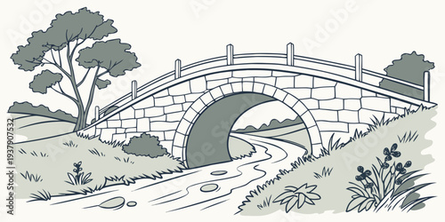 A serene landscape with a winding river flowing through a lush green valley surrounded by trees. Vector