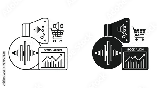 Stock Audio Commerce Concept: Soundwave, Speaker, Shopping Cart, and Growth Chart Icons
