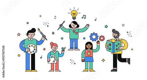 Creative people collaborating with art supplies and ideas surrounding them in a lively environment viewed from the front