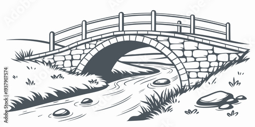 A picturesque bridge over a river with a gentle waterfall in the background Vector