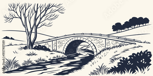 A serene landscape with a winding river and sparse trees under a clear sky. Vector