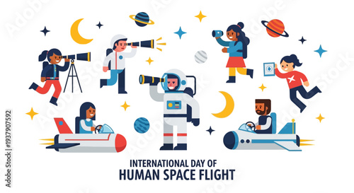 Celebrating International Day of Human Space Flight with Astronauts Exploring Cosmos from Spacecraft