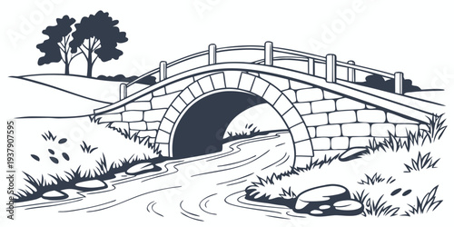 A serene stone bridge spans across a calm river in a lush, green landscape. Vector