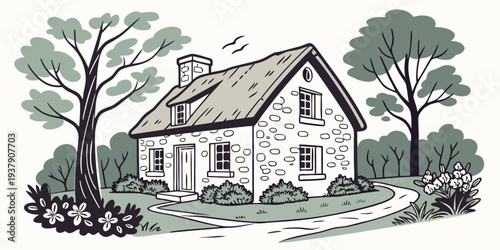 A charming two-story house with a large front yard and a tree Vector