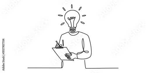 Creative person with lightbulb head writing ideas, inspiration concept