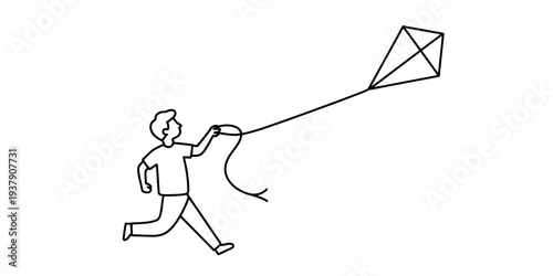 Man running with kite, joyful outdoor activity, simple line drawing