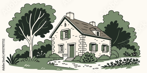A charming countryside house with a large tree in the front yard Vector
