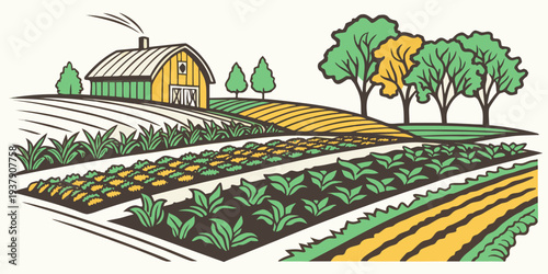 A vibrant and colorful illustration of a farm with various crops and animals Vector