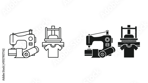 Sewing Machine and Heat Press Icons: Outline and Silhouette for Apparel Manufacturing & Tailoring