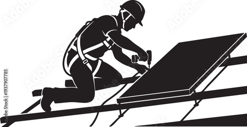 Worker in Harness Fastening Solar Panel to Roof Rack, Sustainable Energy Silhouette