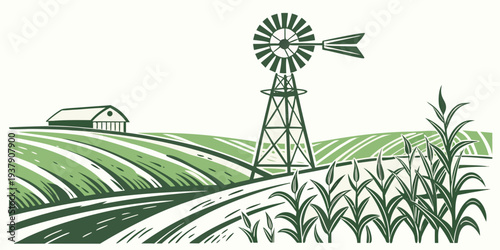 A farmer with a pitchfork stands in a lush green field under a clear blue sky. Vector