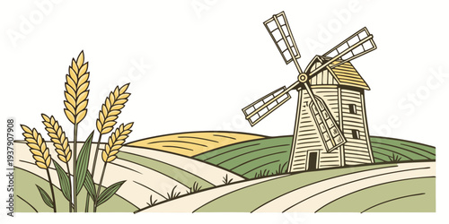 A picturesque windmill surrounded by a field of tall grass and wildflowers Vector