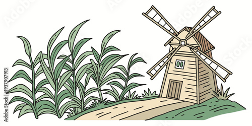 A picturesque windmill surrounded by lush greenery in a rural landscape Vector