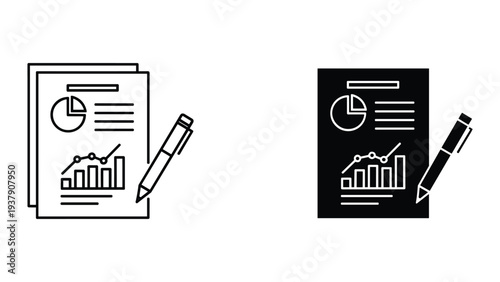 Business Report Icon: Line Chart, Pie Chart, and Pen - Financial Data Analysis and Planning