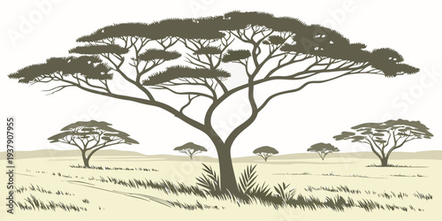 A majestic acacia tree standing tall in the vast savanna landscape Vector