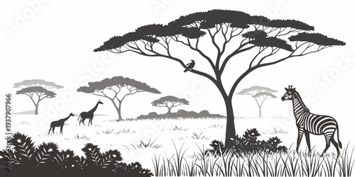 A diverse group of animals gathered under a large acacia tree in a savanna landscape Vector