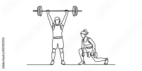 Man lifting weights with woman exercising in background, fitness illustration