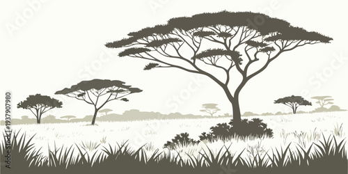 A serene landscape featuring a large acacia tree and smaller trees in a savanna setting. Vector