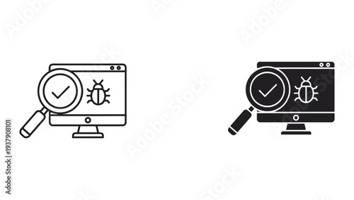 Computer Bug Search Icon with Magnifying Glass and Checkmark for Cybersecurity and Software Testing