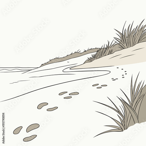 A serene beach scene with footprints and scattered seashells along the shore. Vector