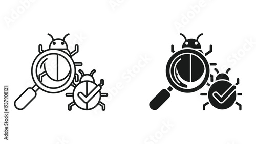 Bug detection and fixing icons, magnifying glass and checkmark bug symbol, concept of software development and quality assurance