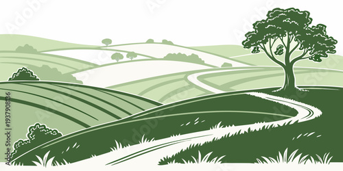 A serene landscape with rolling hills and a solitary tree in the distance Vector