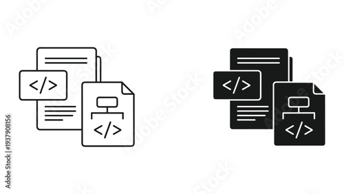 Code Icons: Flowchart and Document Icons with Code Tags
