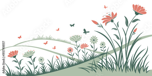 A serene meadow filled with vibrant flowers and fluttering butterflies. Vector