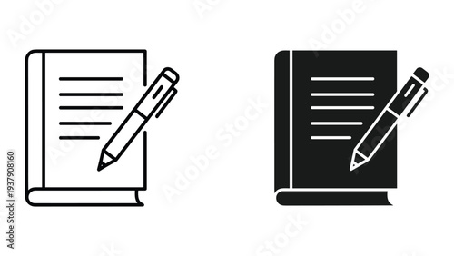 Book and Pen Icon Set: Line Art and Silhouette for Writing, Education, and Business Concepts