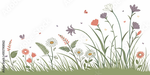 A vibrant meadow filled with colorful wildflowers and lush green grass Vector