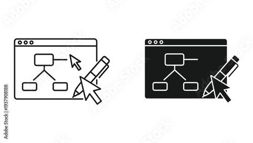 Flowchart Creation and Editing Icons - Line Art and Solid Icons with Cursor and Pen