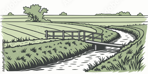 A serene countryside landscape with a winding river and lush greenery Vector