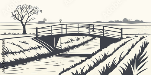 A serene landscape with a winding river and lush greenery Vector