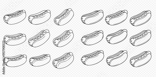 Monochrome hot dogs with mustard and relish, a classic American fast food snack, presented as a repeating pattern.