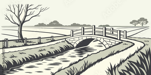 A serene winter landscape with a fence and trees in the distance Vector