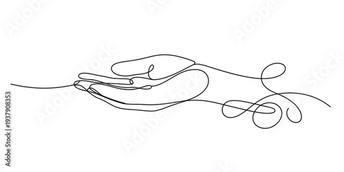Continuous line drawing of open hand with flowing line, symbolizing freedom and creativity