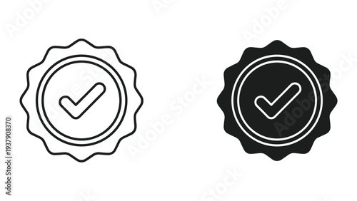 Check Mark Seal Icons - Approved, Verified, Quality Guarantee - Black and White Vector Graphics