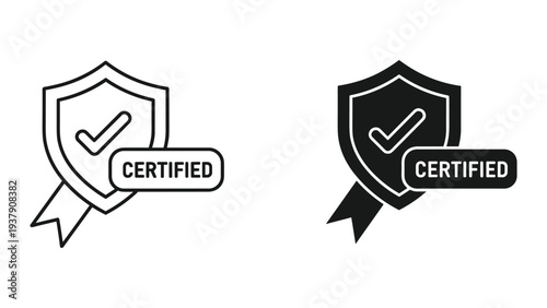 Certified Badge Icon with Shield and Checkmark - Line Art and Solid Style